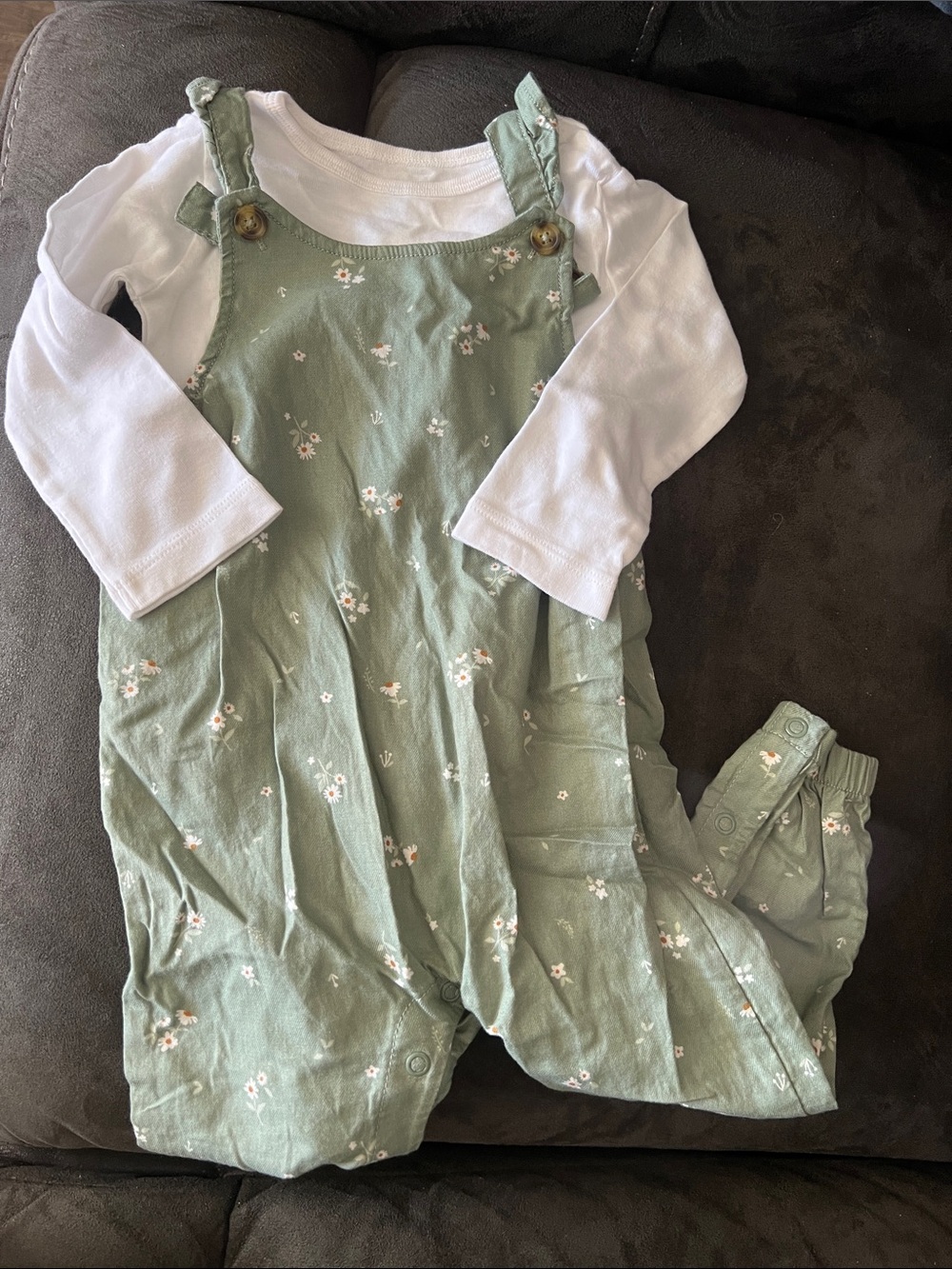 Sage Green Floral Ruffle-Strap Overalls with White Top